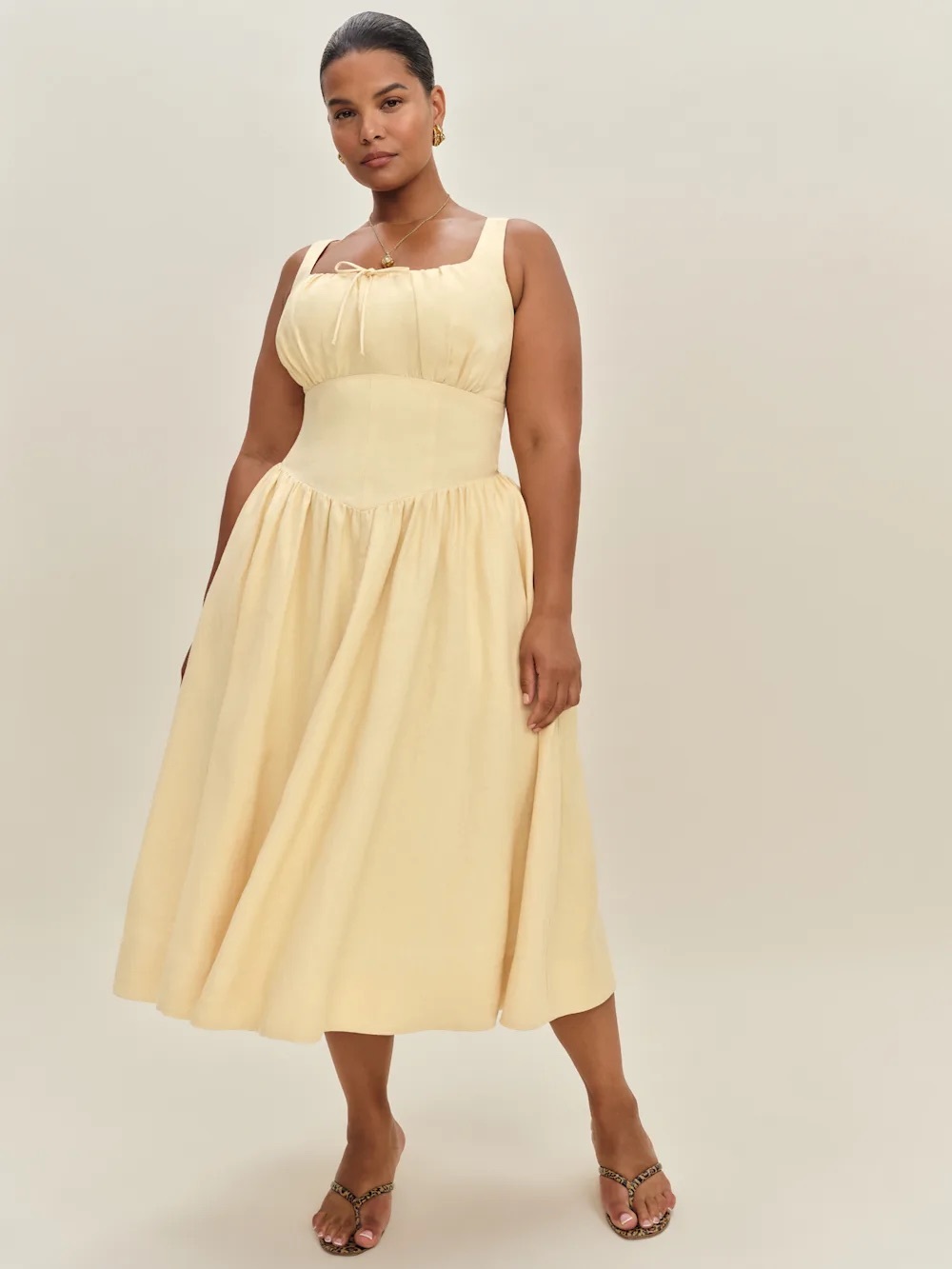 Reformation Bella Linen Dress Size: 24 Butter Yellow Parmesan Fitted Bodice Bow